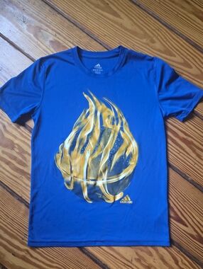 adidas Royal Blue Short Sleeve Tee with Yellow Flame Basketball Graphic Medium